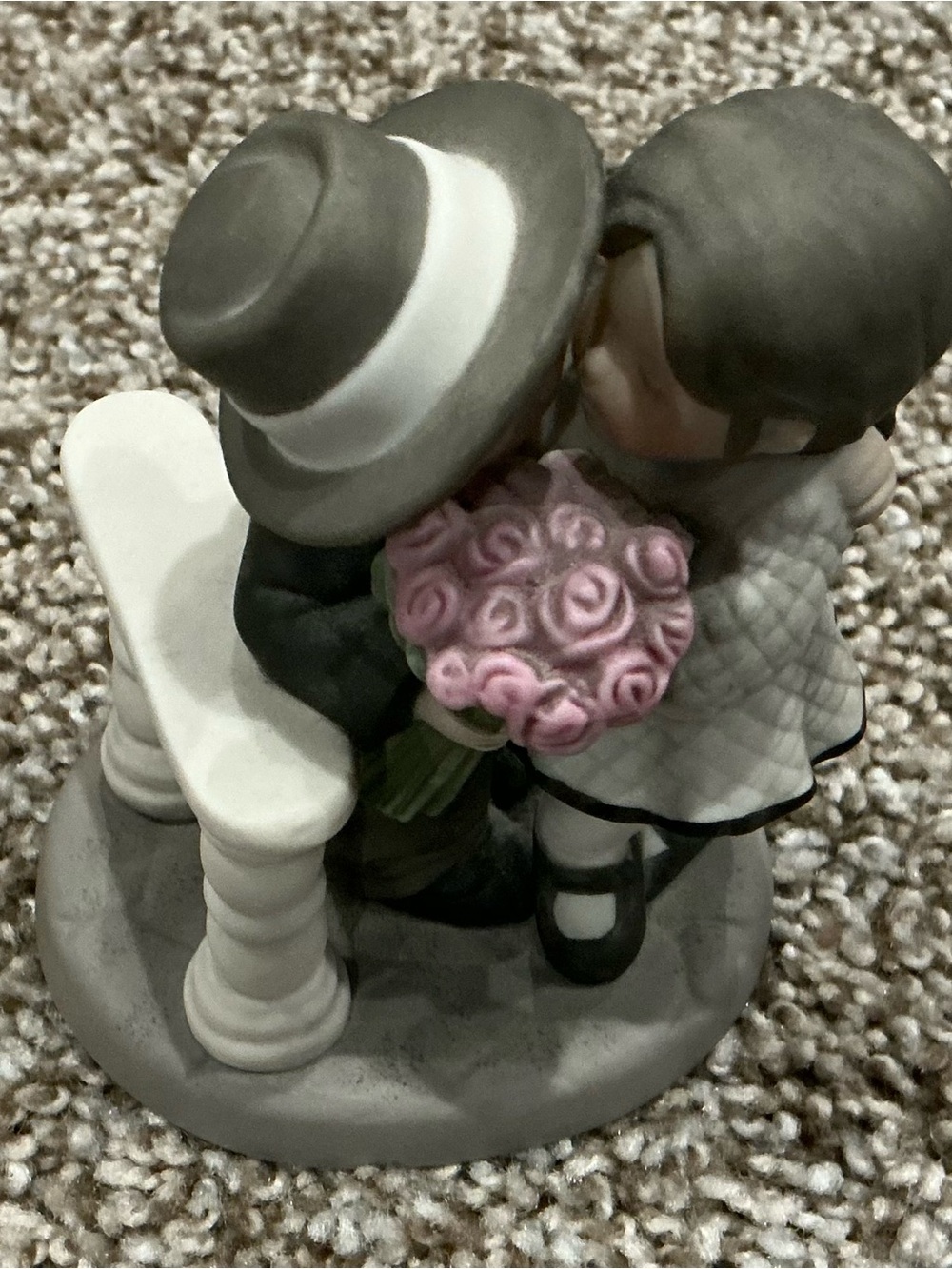 Kim Anderson Gray Resin Boy and Girl Figurine with Pink Bouquet